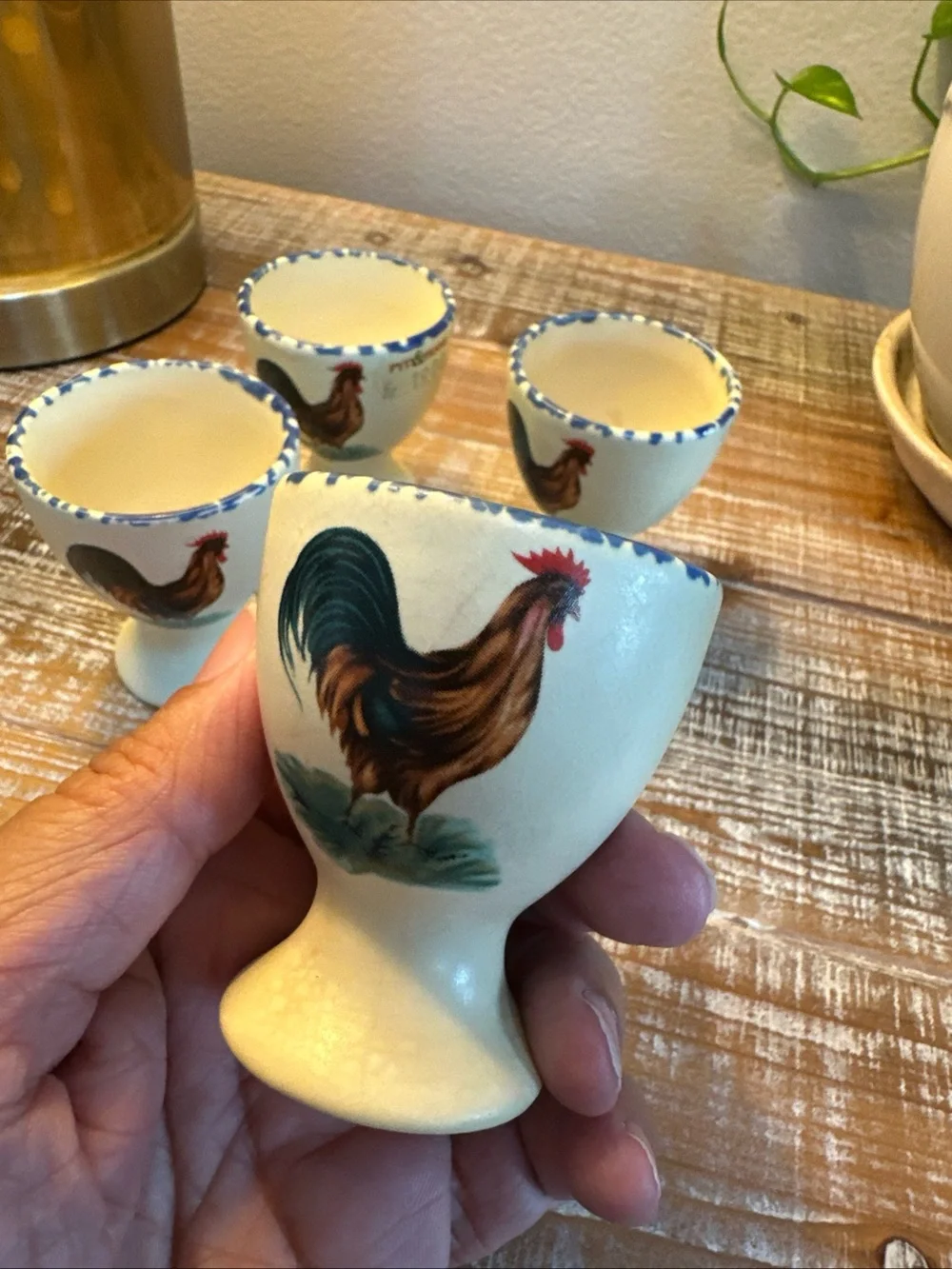 Vintage Ceramic Egg Cups Hand-painted Rooster Design Blue Sponged Rim Easter